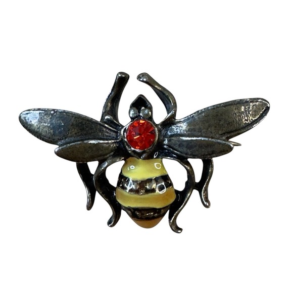Vintage Bee Brooch Gerald Yosca Yellow Black Enamel Red Rhinestone Pin 1.5" X 1"